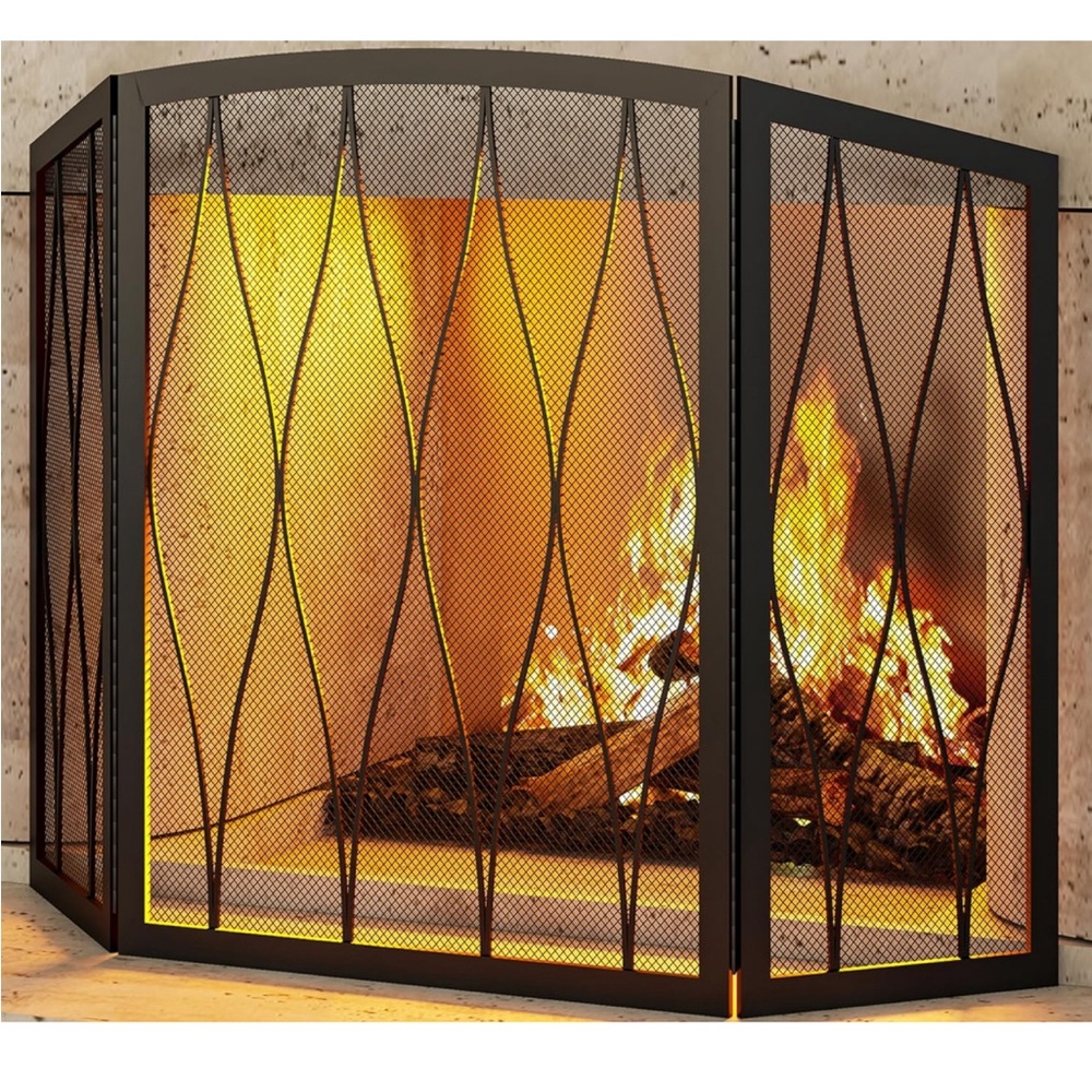 Fireplace Screen 3- Panel Modern Handcrafted Wrought Iron Foldable Metal Mesh